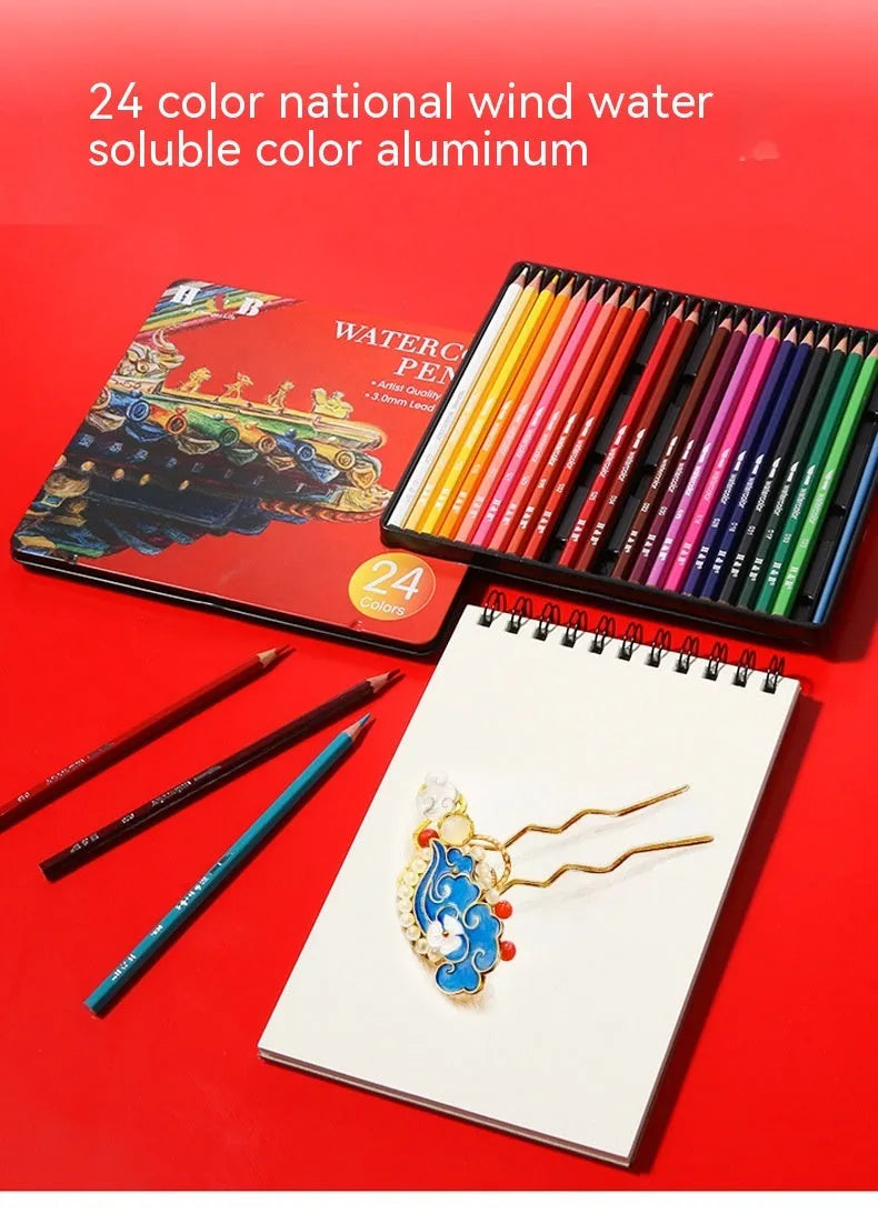 Water-soluble coloured pencils set of 24 colours in iron box with brush for drawing and painting
