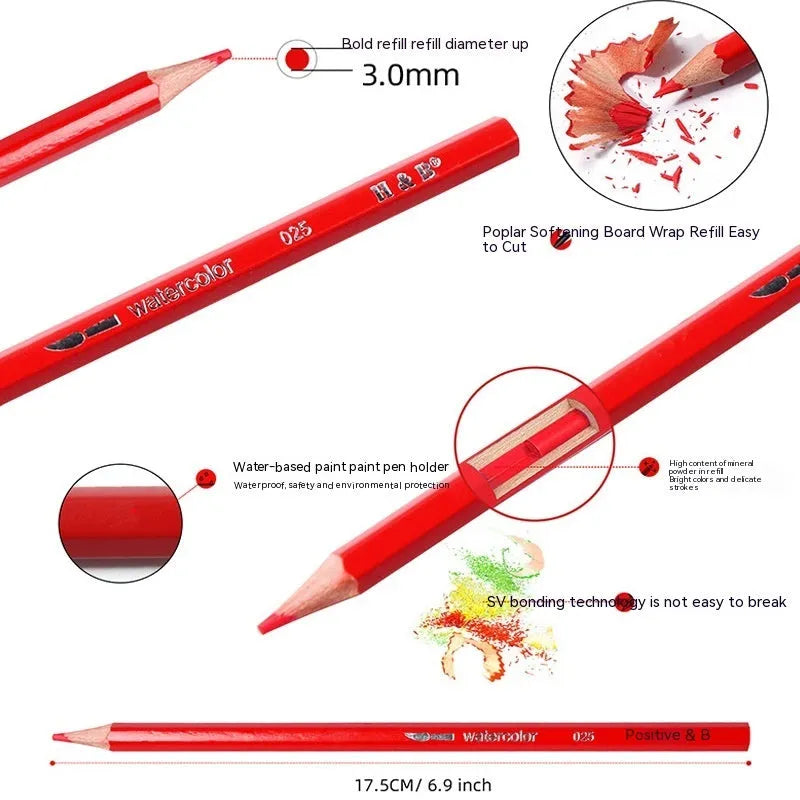 Water-soluble coloured pencils set of 24 colours in iron box with brush for drawing and painting
