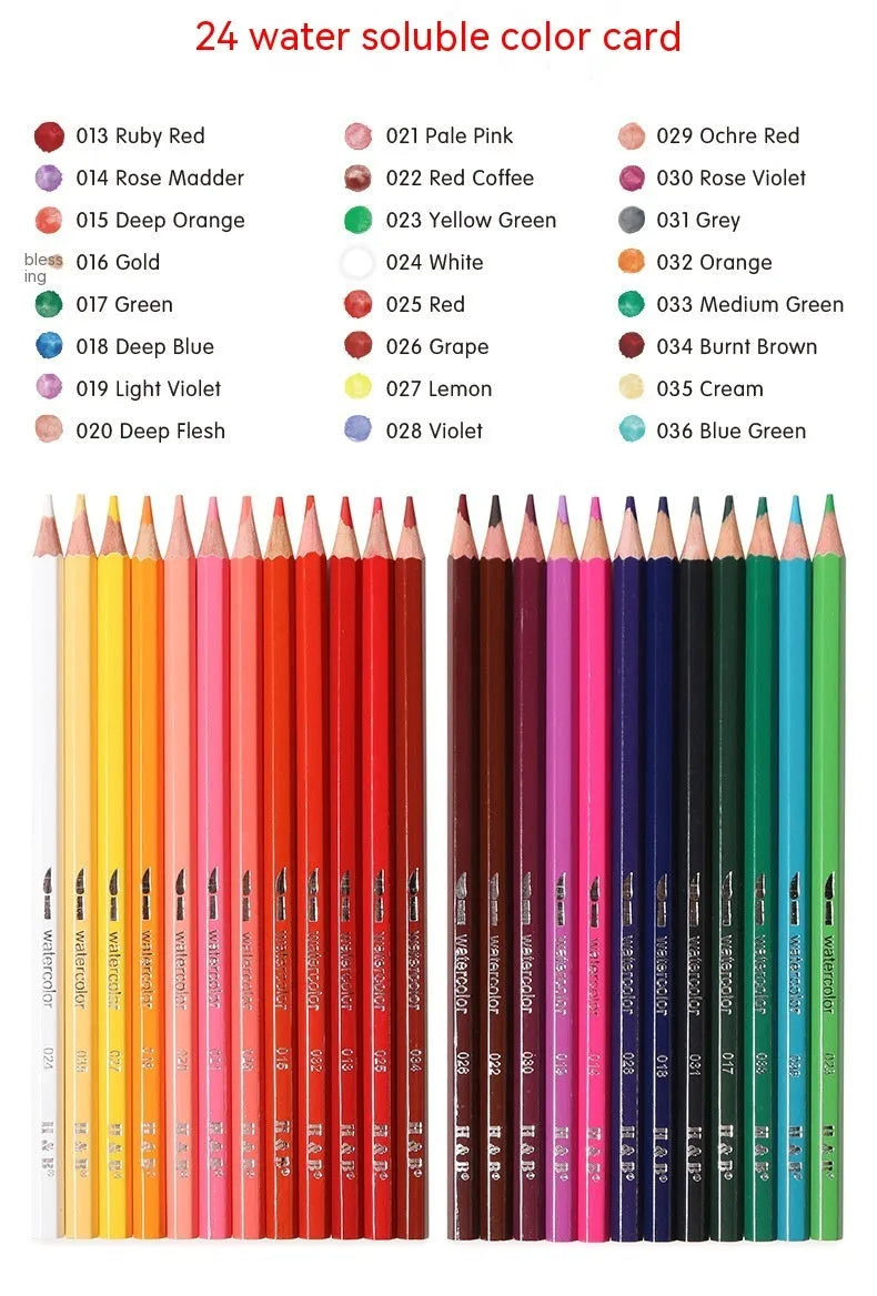 Water-soluble coloured pencils set of 24 colours in iron box with brush for drawing and painting