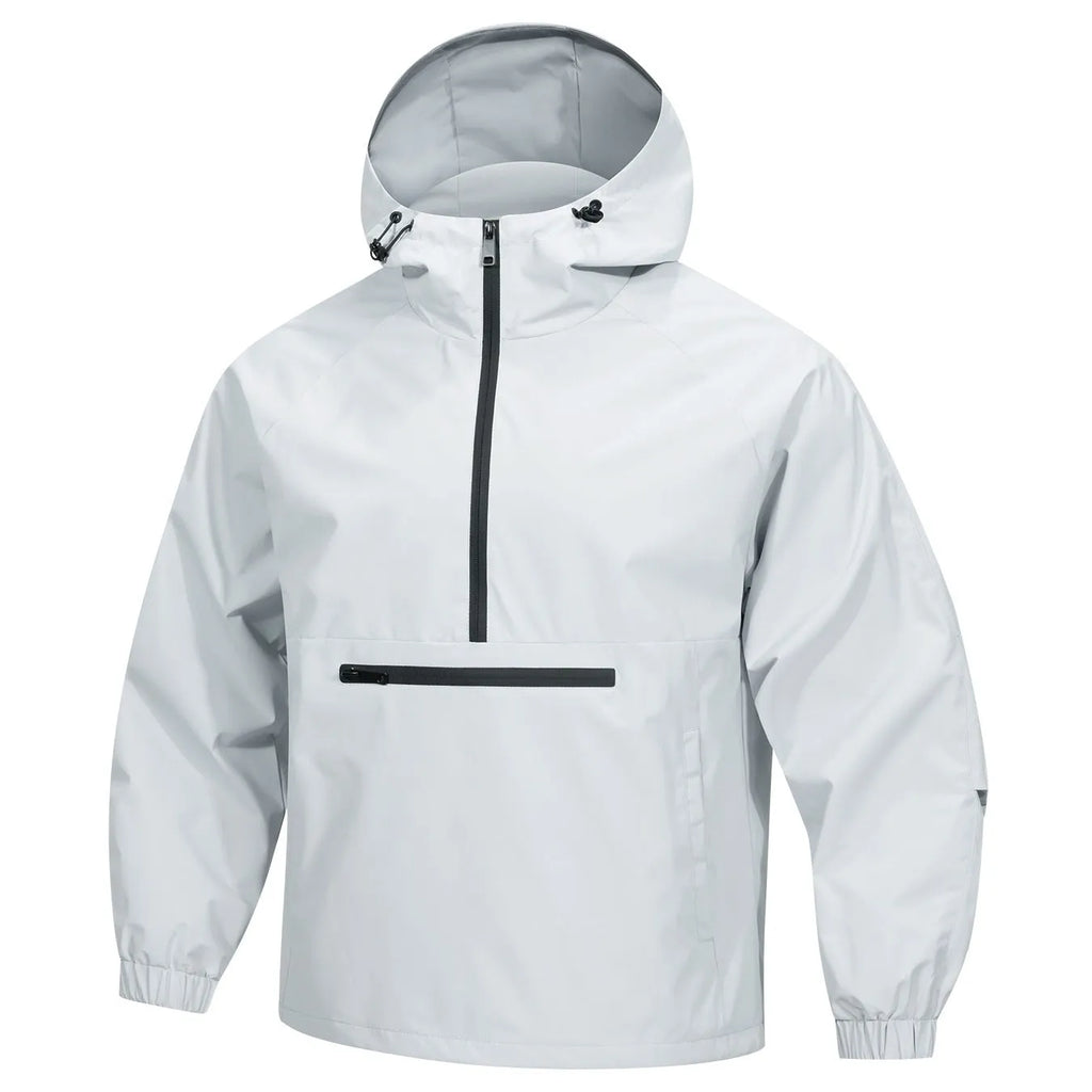 Men's Korean-style corduroy half-zip hooded sweater jacket in light grey colour