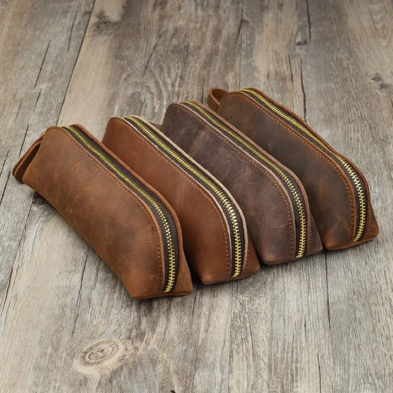 Genuine cowhide leather rectangular pencil case with zipper closure