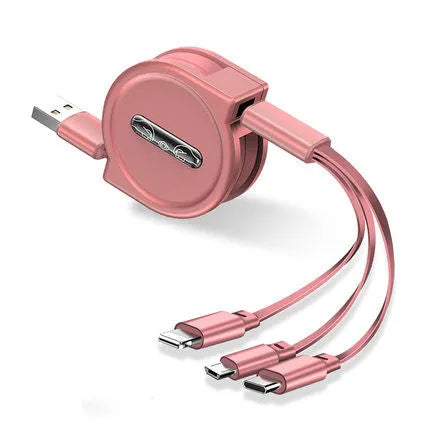 Telescopic 3-in-1 charging cable shown extended to 120 cm, with TPE wire and titanium alloy connectors.