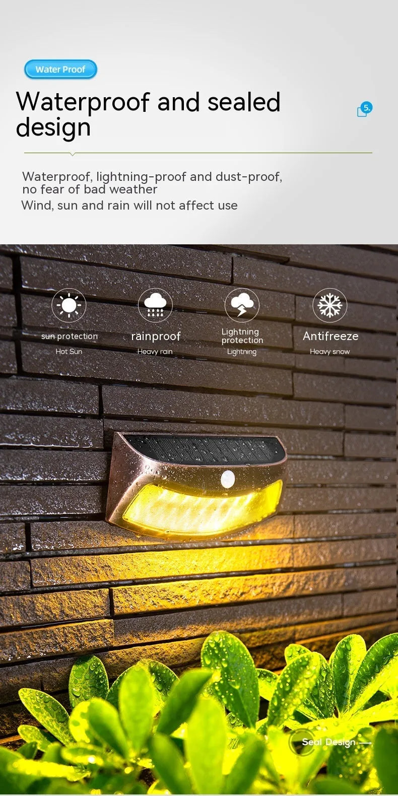 Solar-powered smiling face garden wall light with IP65 weather protection for outdoor courtyard and villa lighting