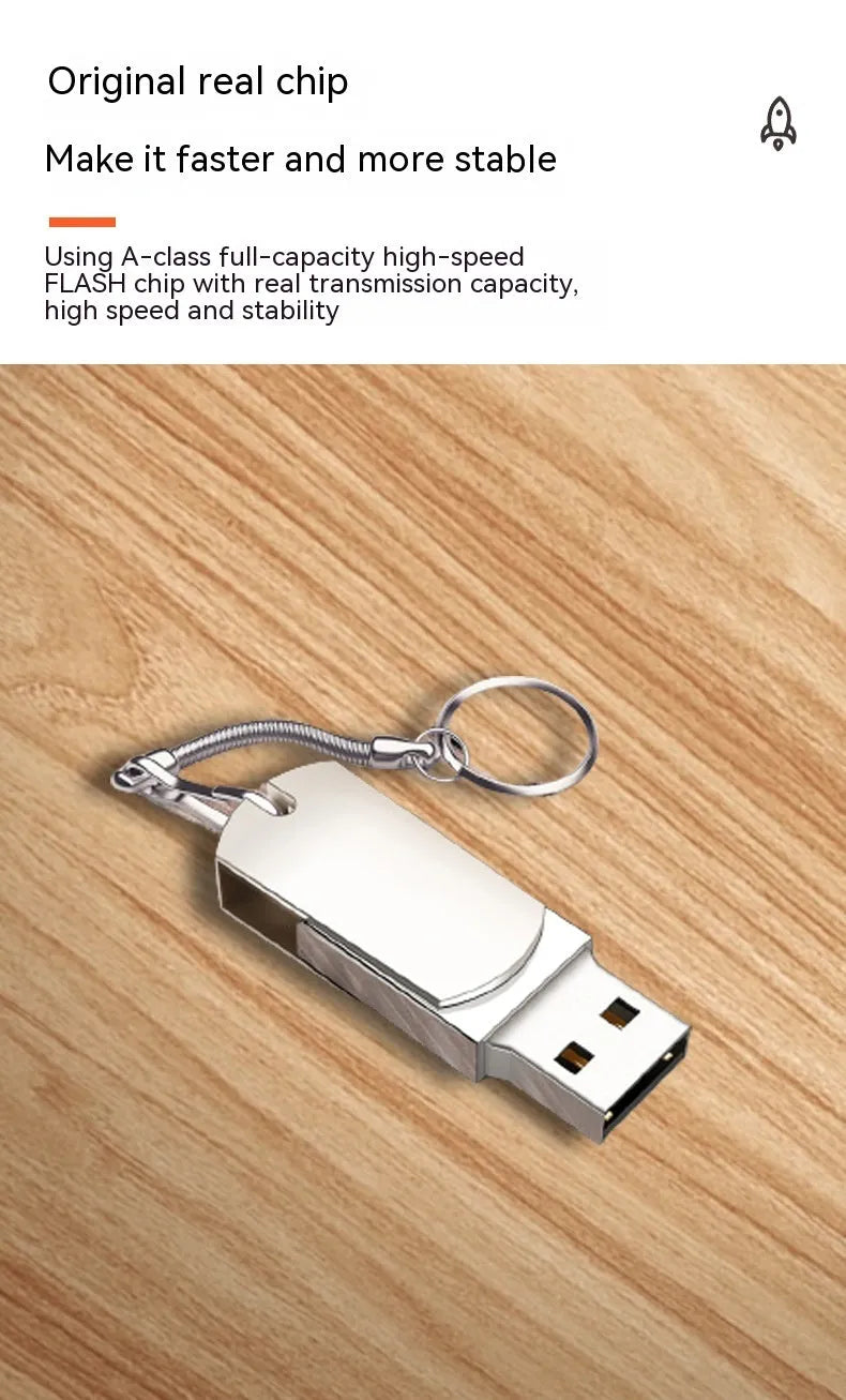 White metal rotation USB flash drive showing compact 34mm size with swivel mechanism