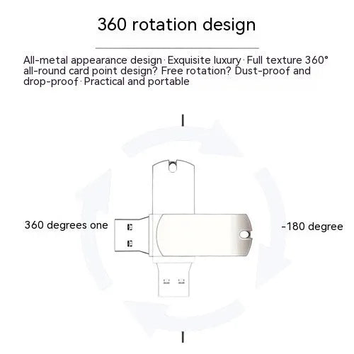 White metal rotation USB flash drive showing compact 34mm size with swivel mechanism