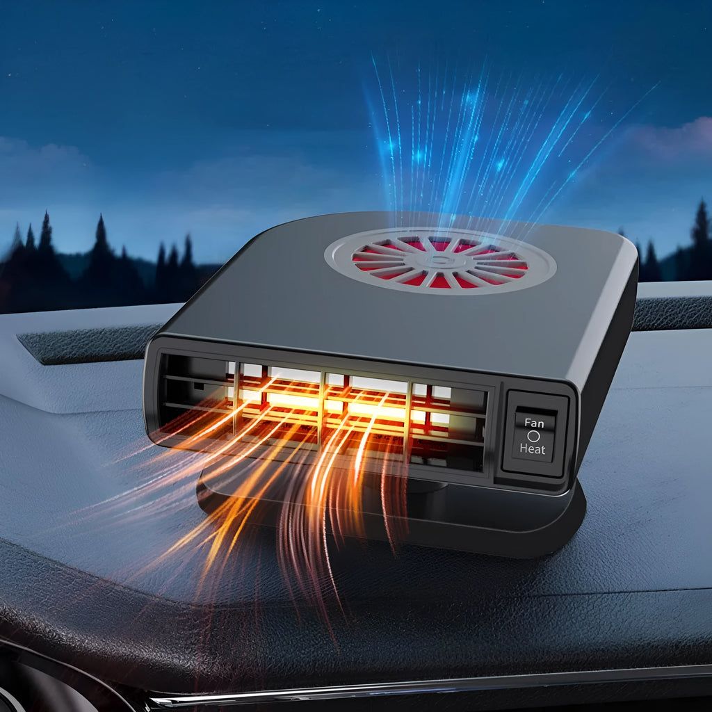 Black ABS plastic vehicle-mounted heater with adjustable vents, shown with double-sided adhesive mount.