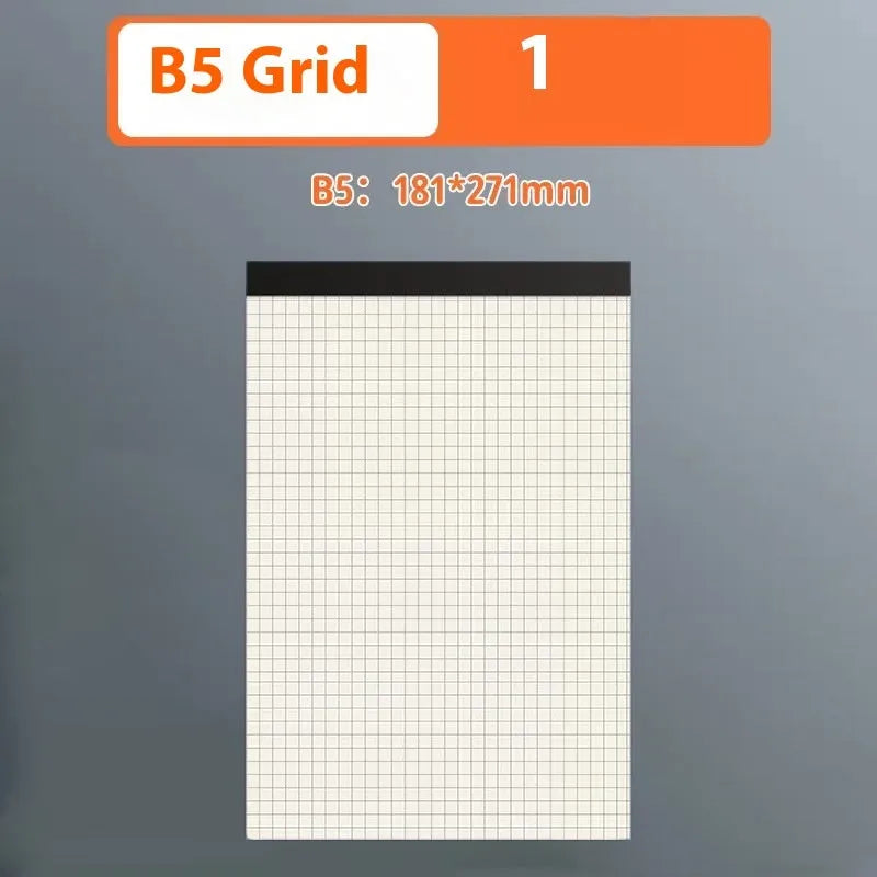 A5, B5, and A4 writing pads with tearable pages in blank, grid, and lined rulings