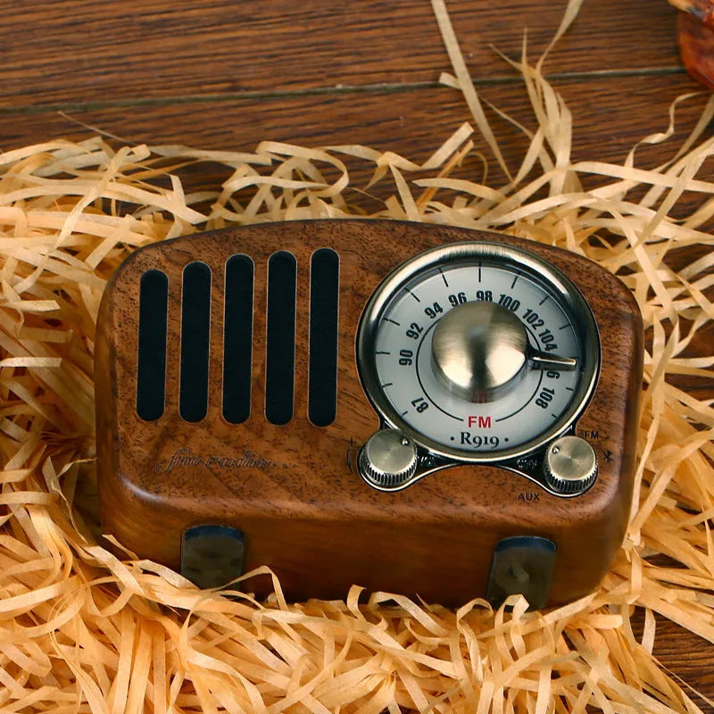 Retro wooden Bluetooth speaker in natural wood finish with compact dimensions