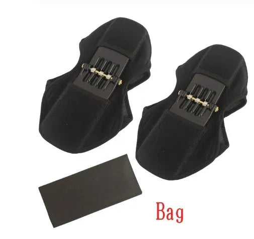 Adjustable black spring knee brace with straps and venting holes for sports support.