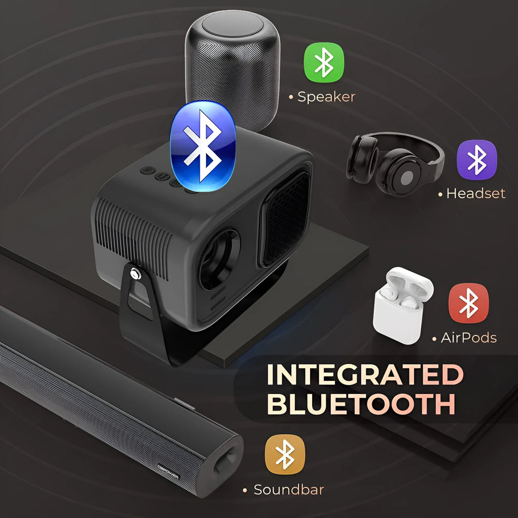 Black portable smart projector with remote control showing 720p HD resolution and Android system