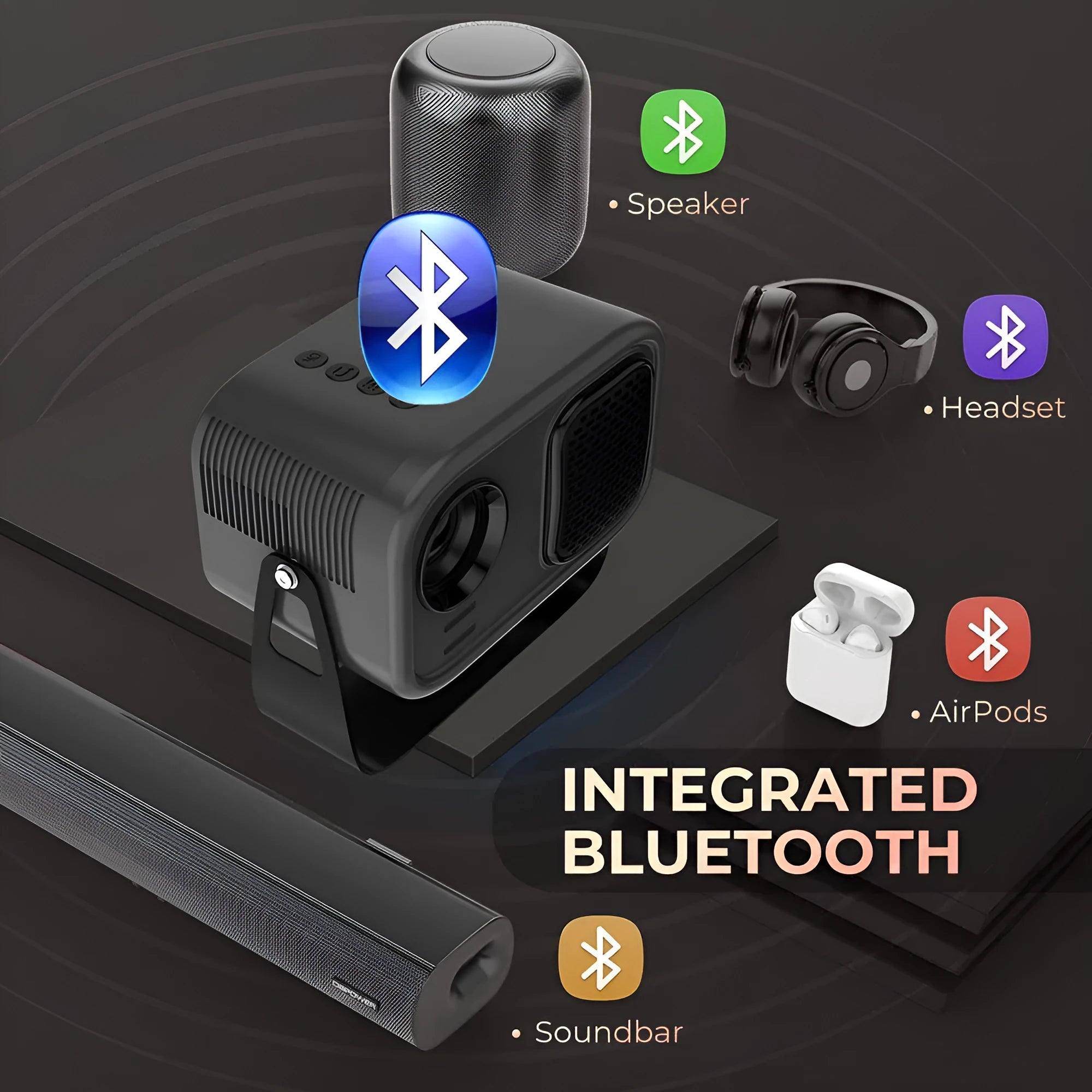 Black portable smart projector with remote control showing 720p HD resolution and Android system