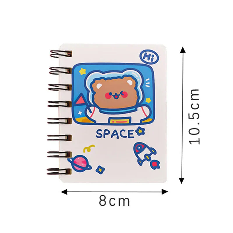Astronaut themed flip-over pocket notebook showing 10.5cm by 8cm compact size