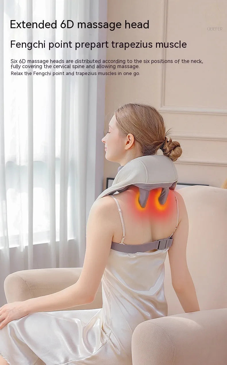 Milky white rechargeable shoulder and neck kneading massager with infrared physiotherapy.