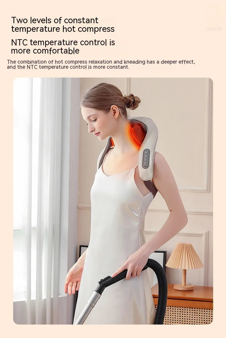 Milky white rechargeable shoulder and neck kneading massager with infrared physiotherapy.