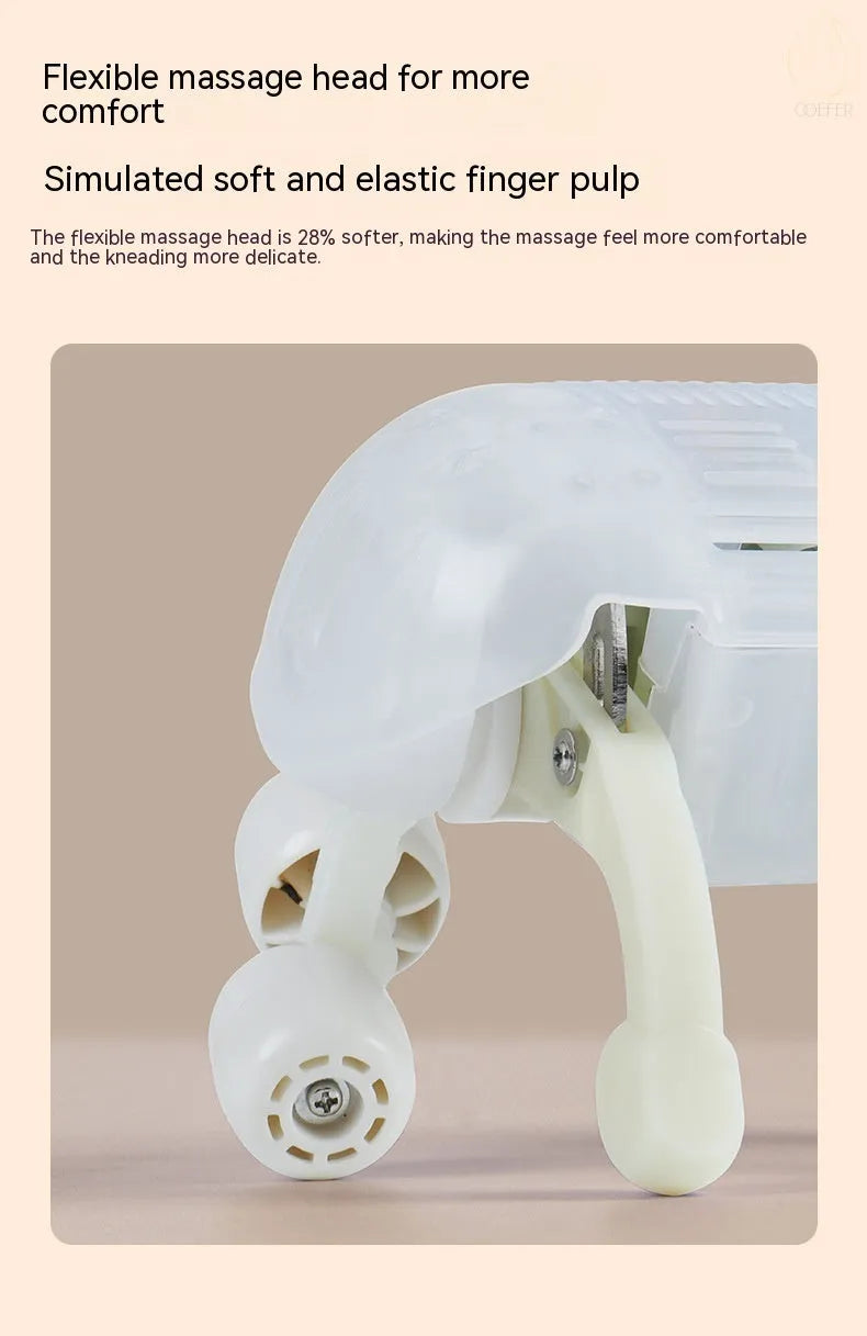 Milky white rechargeable shoulder and neck kneading massager with infrared physiotherapy.