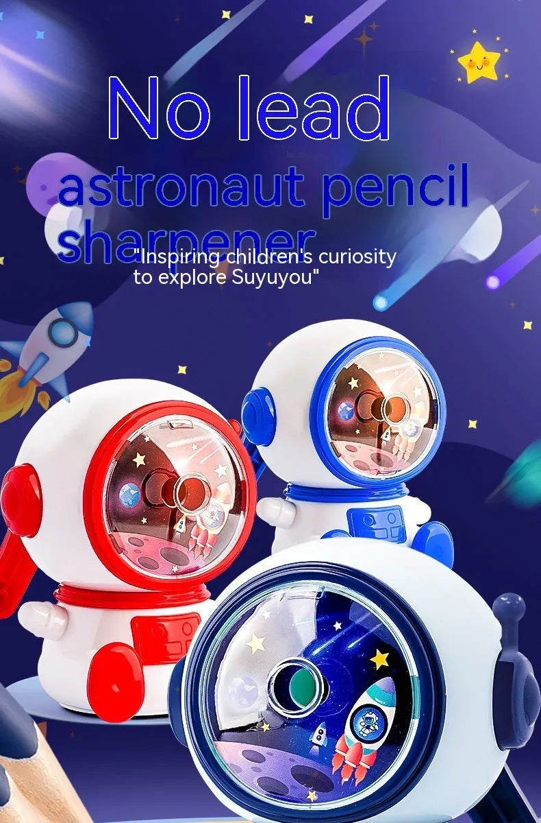 Astronaut-themed manual pencil sharpener in blue or pink with adjustable three-level system