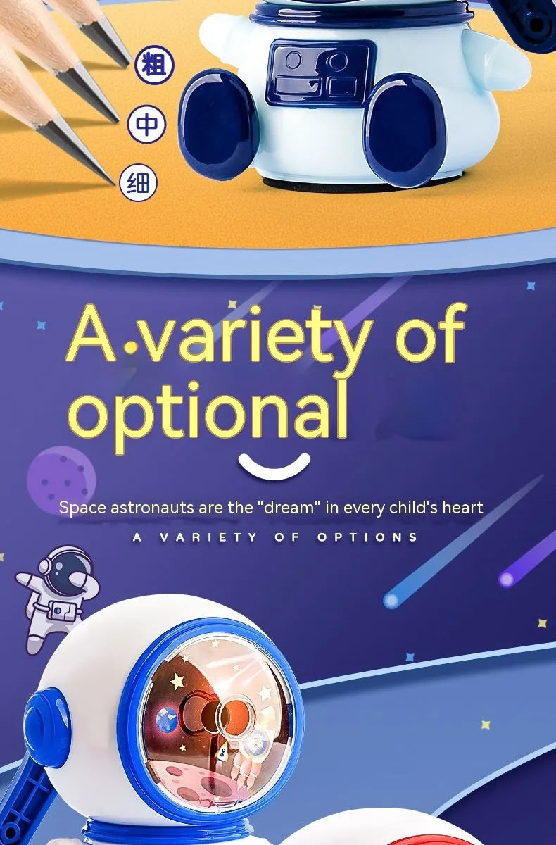 Astronaut-themed manual pencil sharpener in blue or pink with adjustable three-level system
