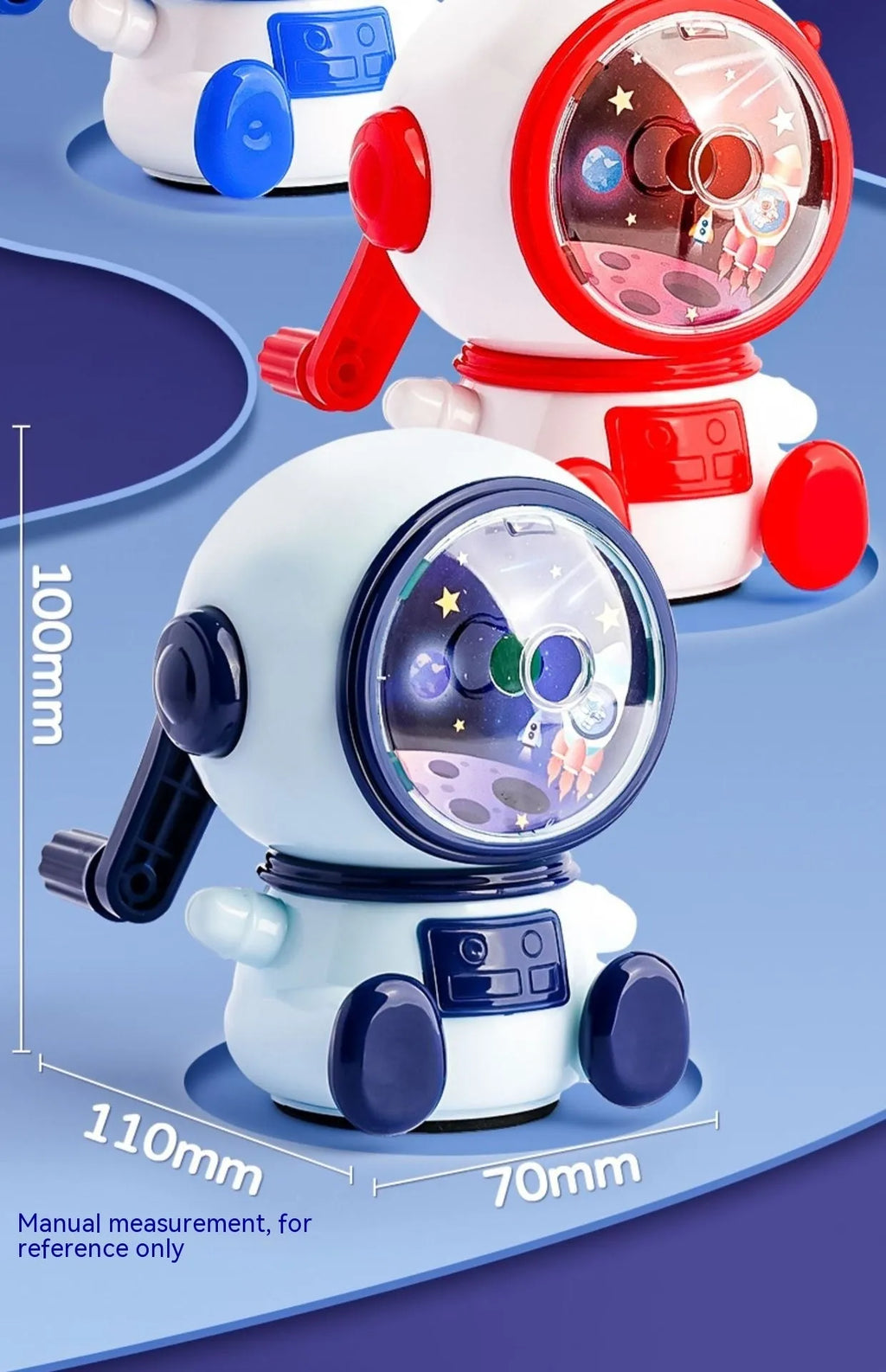 Astronaut-themed manual pencil sharpener in blue or pink with adjustable three-level system