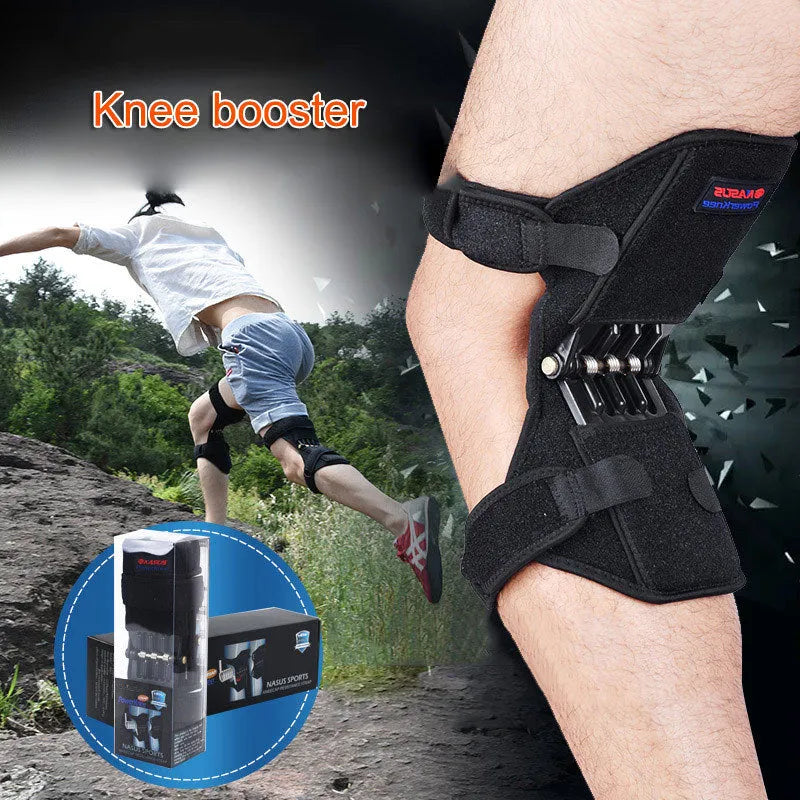 Adjustable black spring knee brace with straps and venting holes for sports support.