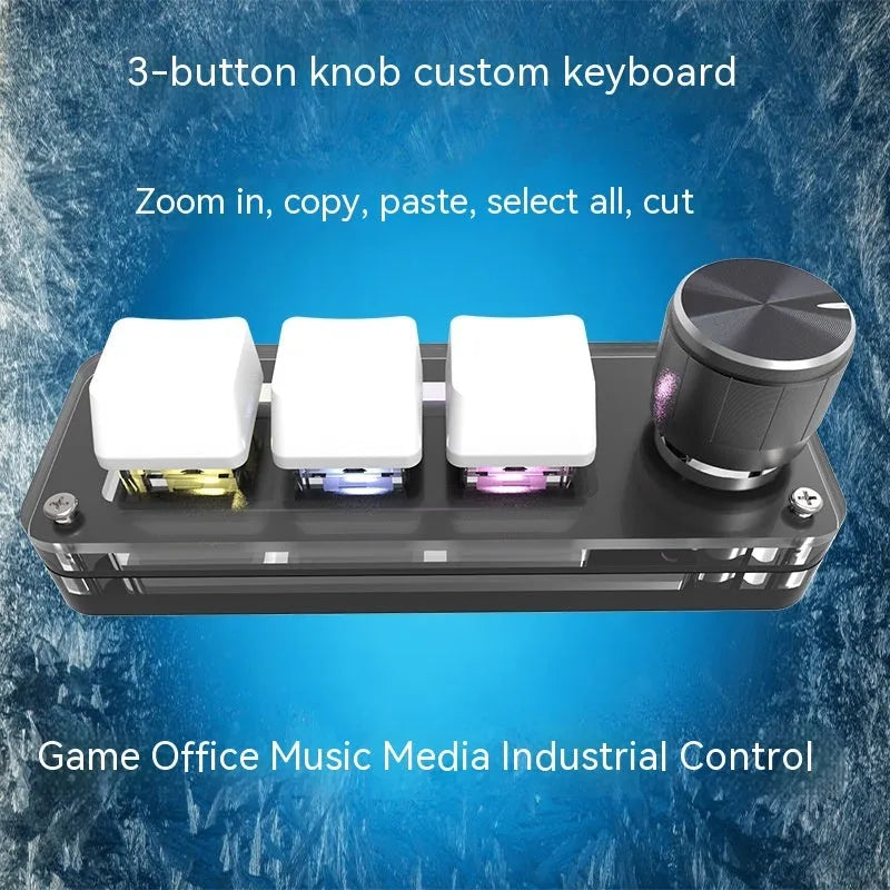 Black and white programmable macro keyboard with RGB backlighting showing copy paste shortcut keys