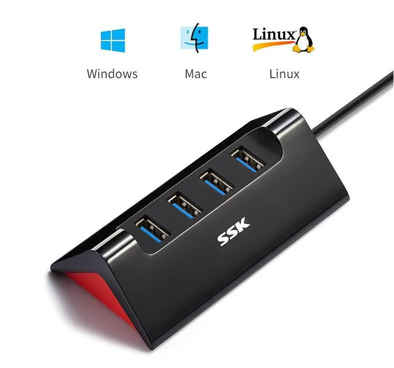 Black USB expansion dock with four ports and Micro USB connection in compact ABS housing