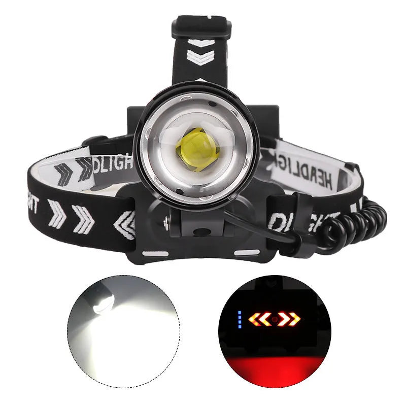 Black USB rechargeable headlight with telescopic zoom lens and aluminium alloy construction
