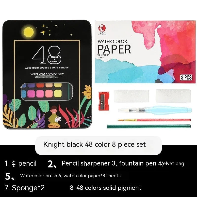 48-colour solid watercolour paint set in box with Black Knight, Girl Pink and Sunshine Blue shades