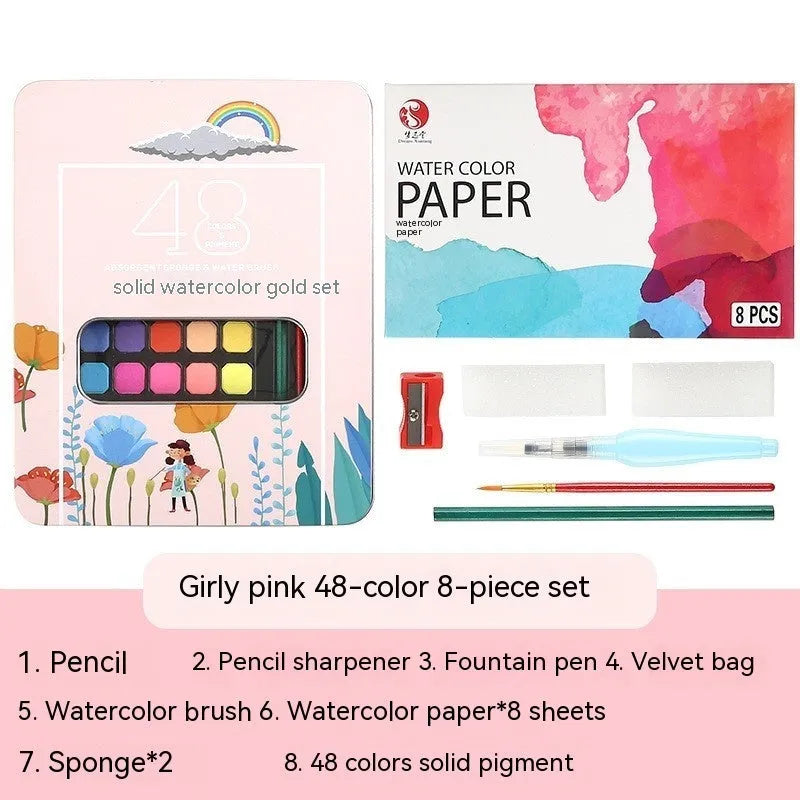 48-colour solid watercolour paint set in box with Black Knight, Girl Pink and Sunshine Blue shades