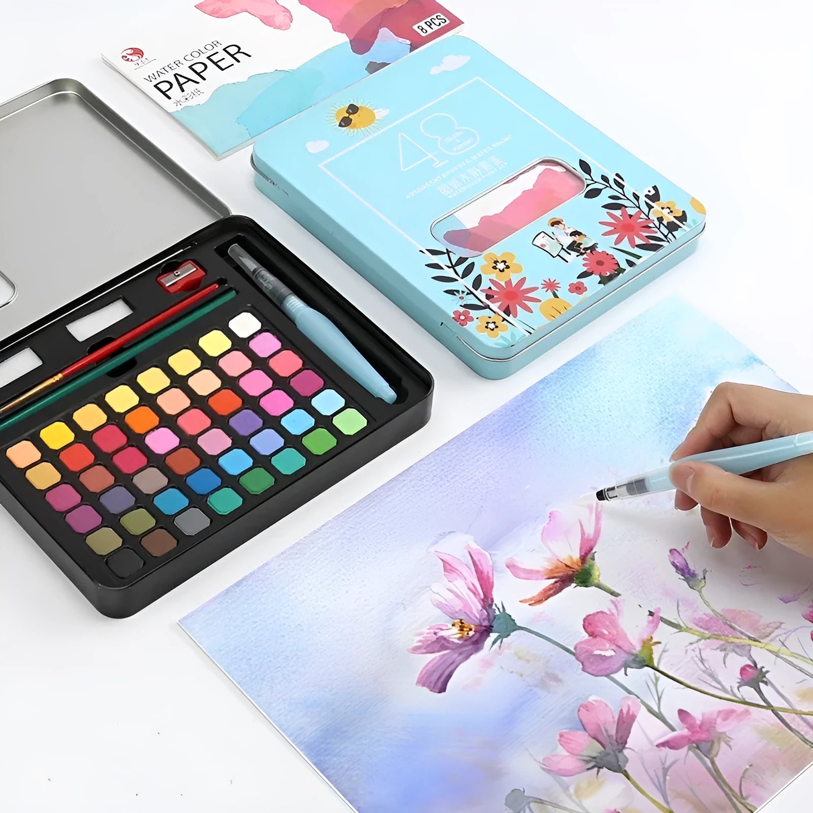 48-colour solid watercolour paint set in box with Black Knight, Girl Pink and Sunshine Blue shades