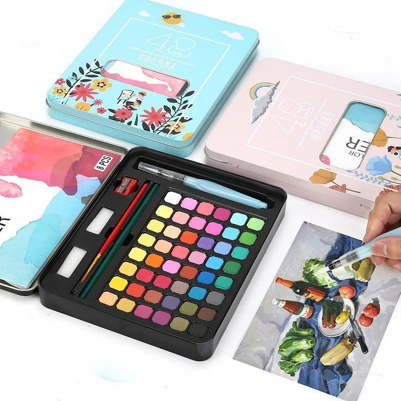48-colour solid watercolour paint set in box with Black Knight, Girl Pink and Sunshine Blue shades
