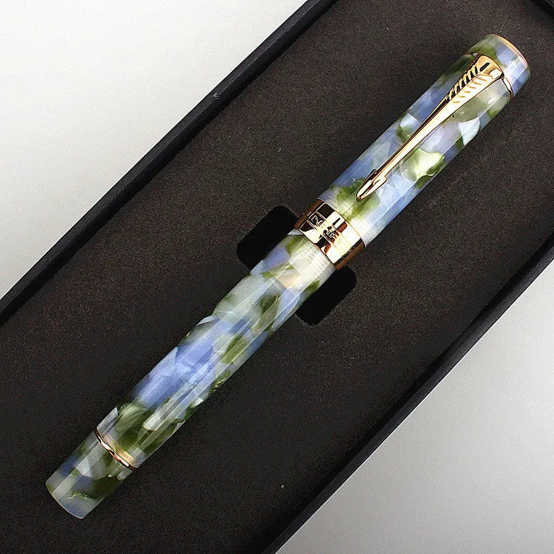 Deep bath green metal pen showing fine, medium, and broad tip size options.