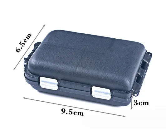 Small black plastic fishing tackle storage box with 10 internal grid compartments.