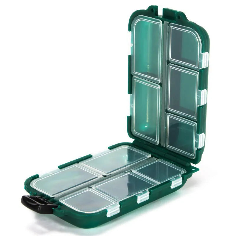 Small black plastic fishing tackle storage box with 10 internal grid compartments.