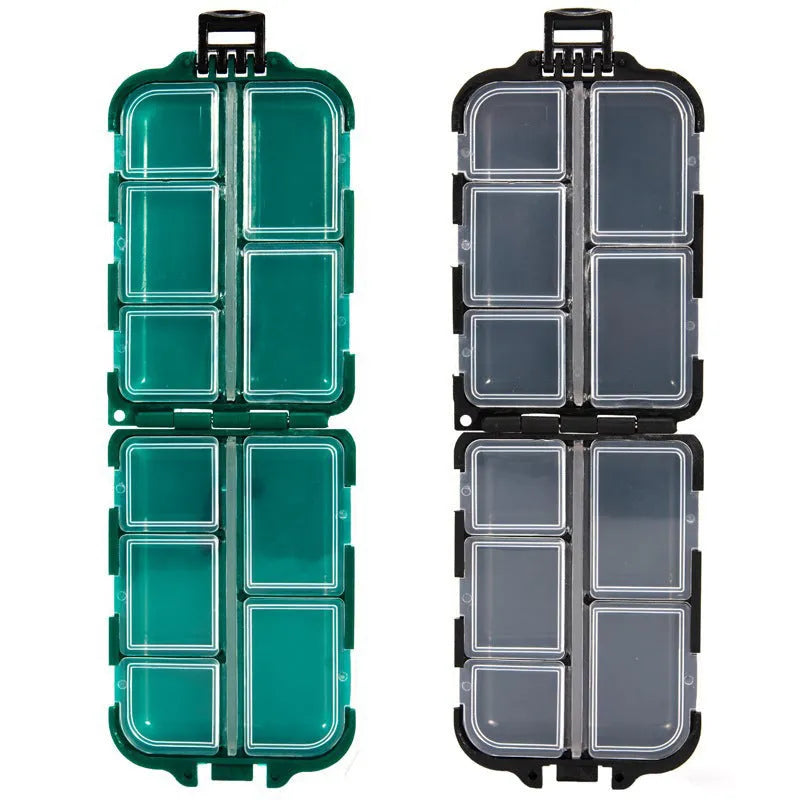 Small black plastic fishing tackle storage box with 10 internal grid compartments.