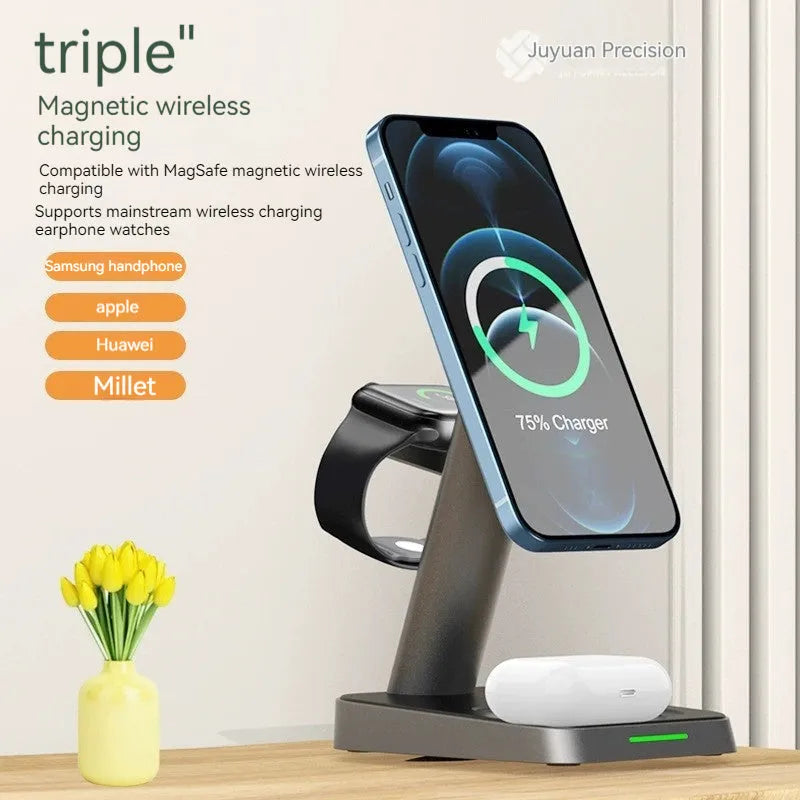 Black cube wireless charger with vertical phone charging and integrated watch charging pad