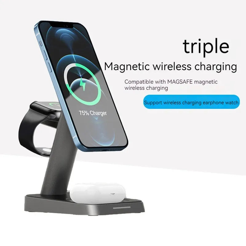 Black cube wireless charger with vertical phone charging and integrated watch charging pad