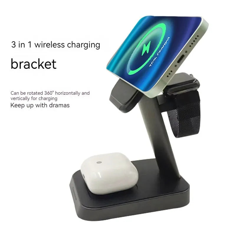 Black cube wireless charger with vertical phone charging and integrated watch charging pad