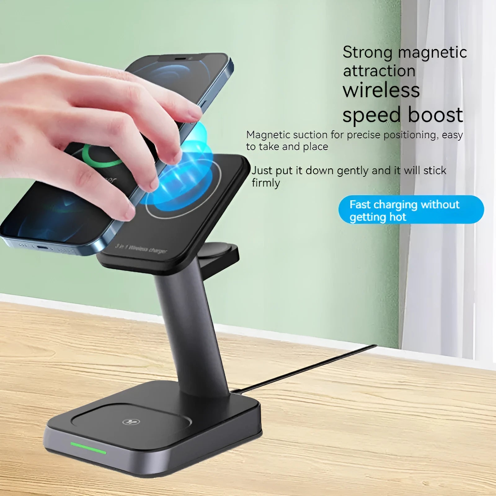 Black cube wireless charger with vertical phone charging and integrated watch charging pad