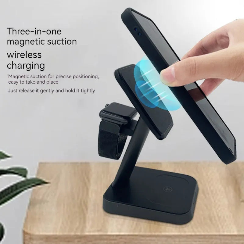 Black cube wireless charger with vertical phone charging and integrated watch charging pad