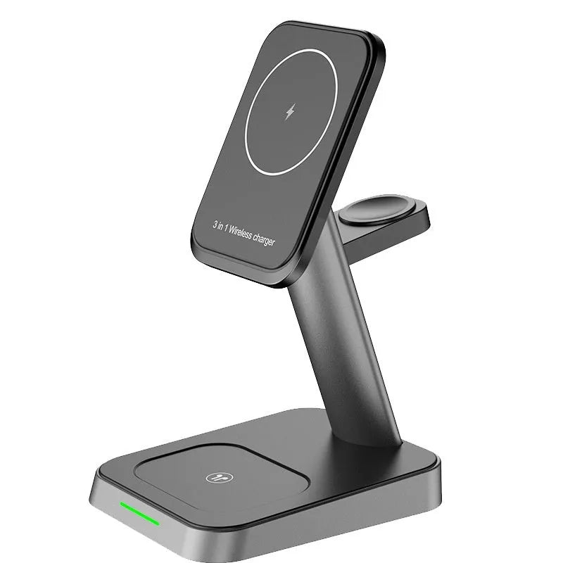 Black cube wireless charger with vertical phone charging and integrated watch charging pad