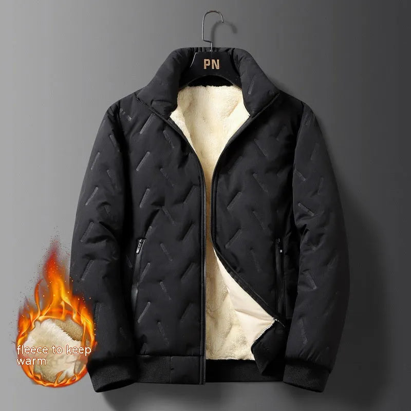 Men's Berber fleece cotton coat slim fit fleece-lined winter jacket in black, Korean style with collar