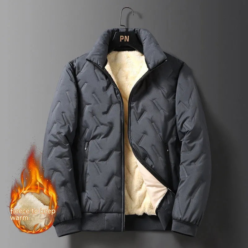 Men's Berber fleece cotton coat slim fit fleece-lined winter jacket in black, Korean style with collar