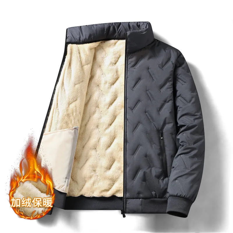 Men's Berber fleece cotton coat slim fit fleece-lined winter jacket in black, Korean style with collar