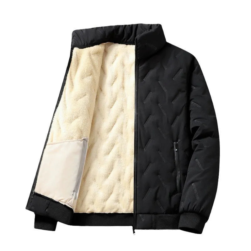 Men's Berber fleece cotton coat slim fit fleece-lined winter jacket in black, Korean style with collar