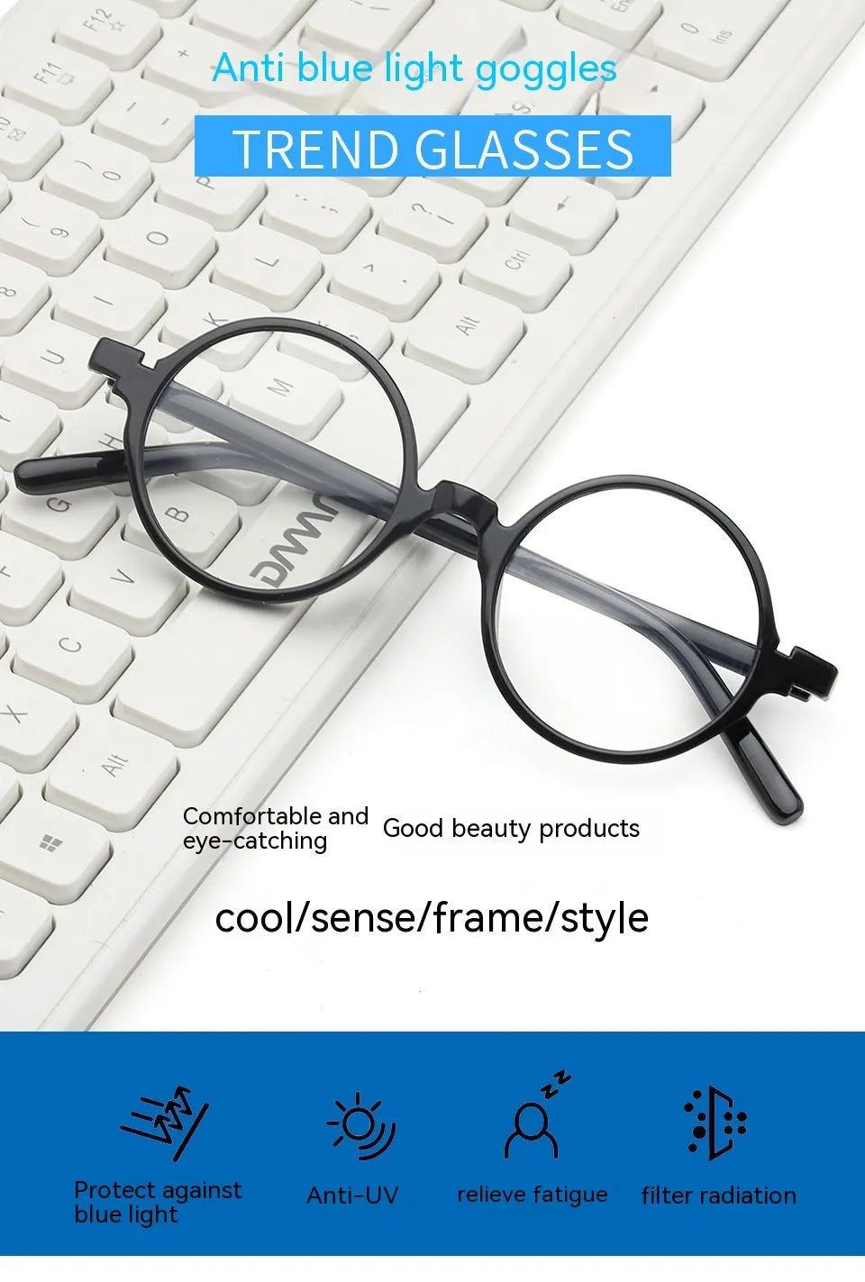 Artistic retro round fashion glasses with a PC frame shown in bright black, sand black, tofu pudding, and transparent grey colours.