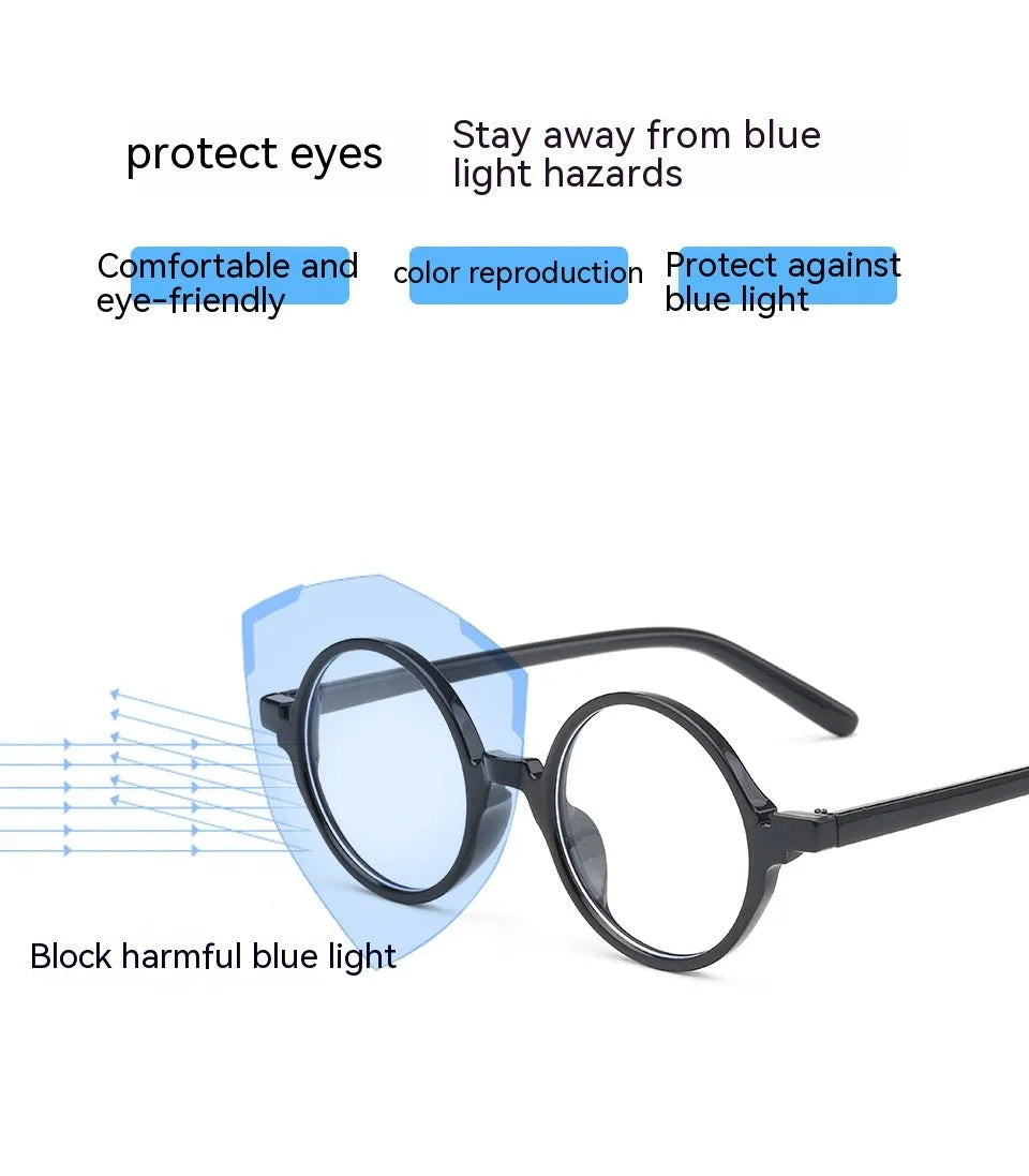Artistic retro round fashion glasses with a PC frame shown in bright black, sand black, tofu pudding, and transparent grey colours.