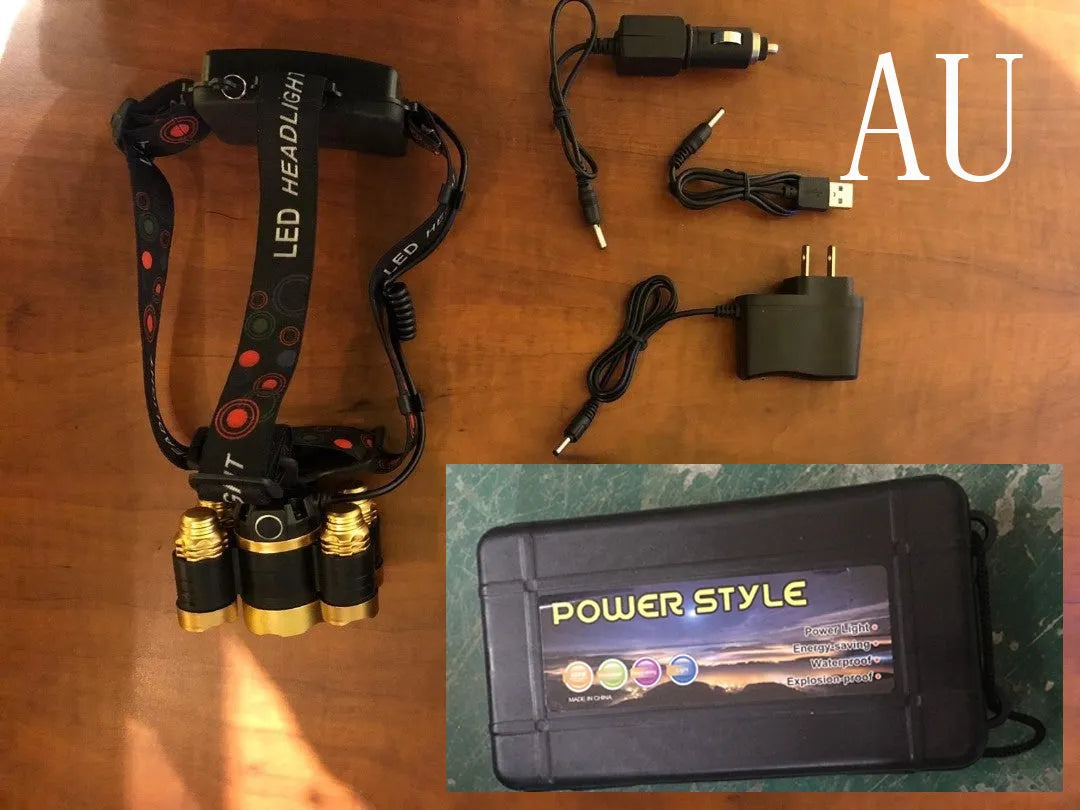 Aluminium alloy LED head torch with adjustable zoom focus and sensor switch option on headband.