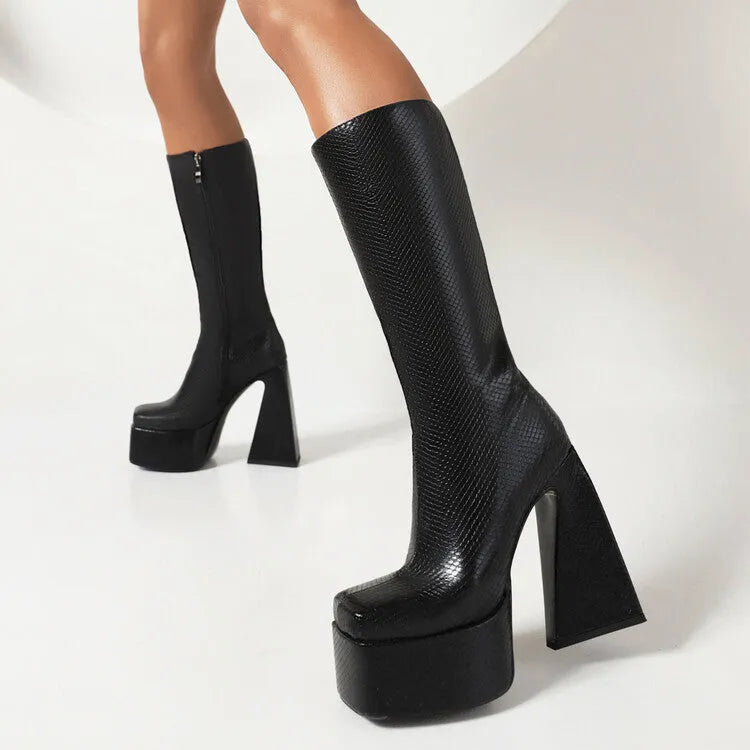 Women's casual high boots in artificial PU leather available in black, red, blue, and white colours