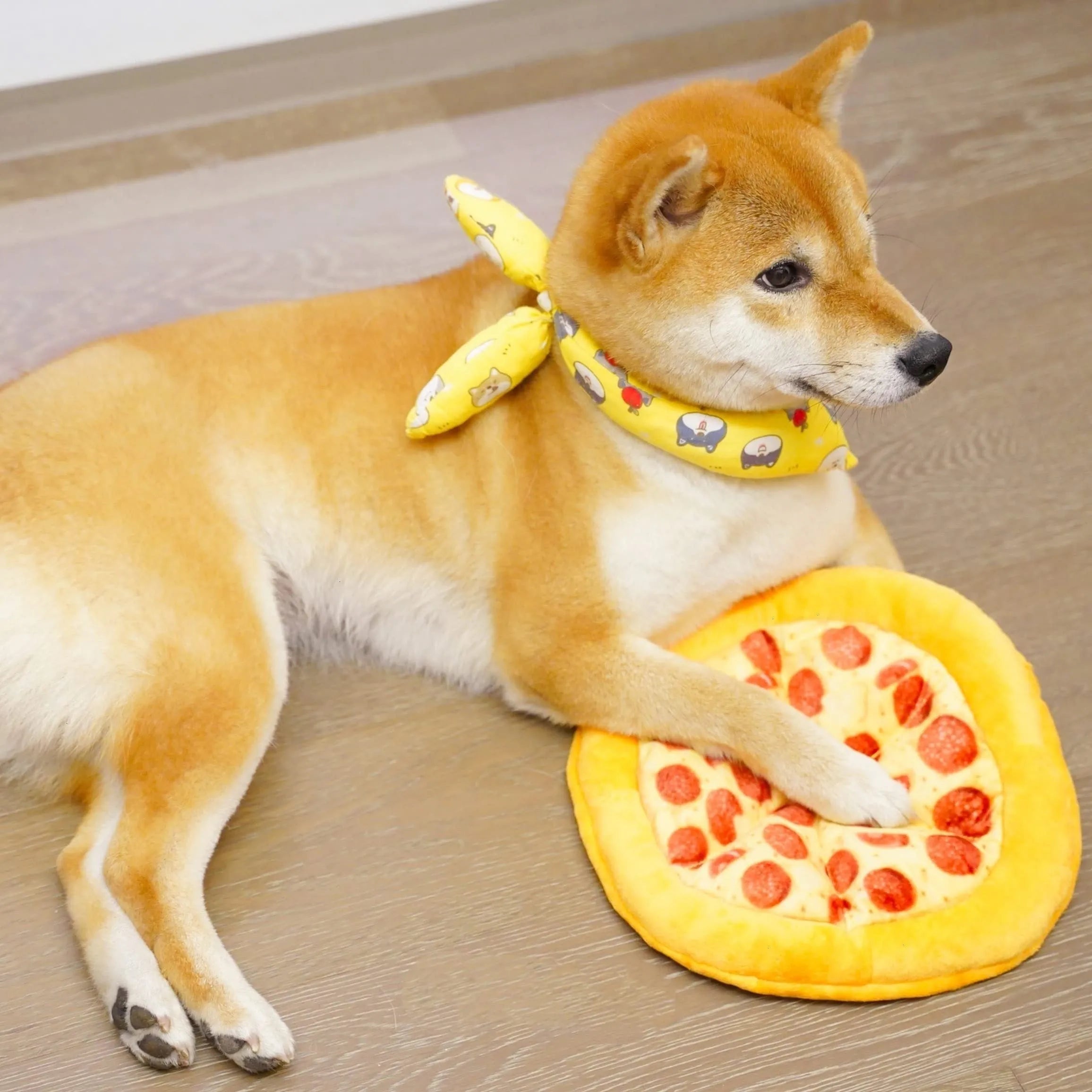 Yellow pizza slice shaped squeaky dog chewing toy with textured toppings and crust detailing
