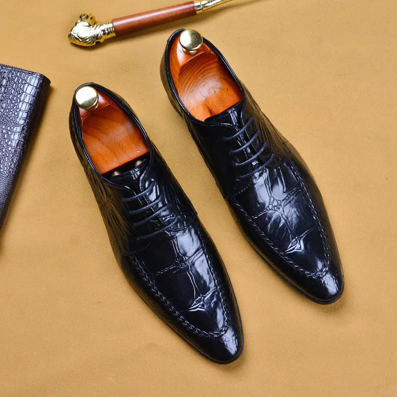 Men's black and brown leather brogues with horse bit buckle, low heel business shoes